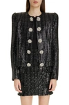 BALMAIN CRYSTAL BUTTON SEQUIN TWEED JACKET