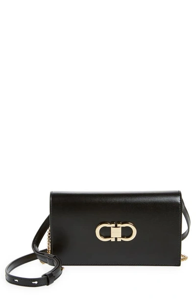 Ferragamo Mini Double Gancio Leather Shoulder Bag In Nero