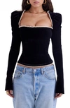 House Of Cb Noa Puff Shoulder Velvet Top In Black