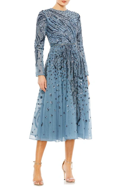 Mac Duggal Women's Embellished Illusion High Neck Long Sleeve Dress In Slate Blue