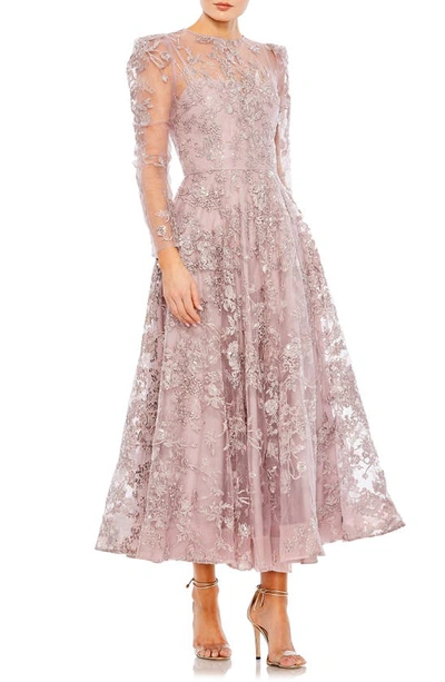 Mac Duggal Purple Embroidered Illusion High Neck A Line Dress In Multi