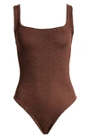 Hunza G Textured Square Neck One-piece Swimsuit In Metallic Chocolate