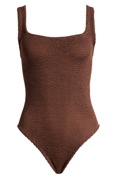 Hunza G Textured Square Neck One-piece Swimsuit In Metallic Chocolate