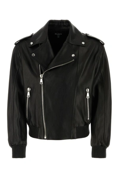 Balmain Leather Bomber Jacket In Black