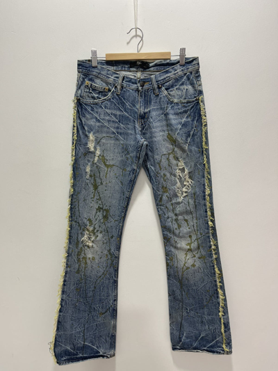 Pre-owned Archival Clothing X Vintage Japanese Rips Splatter Gold Flared Leg Distressed Jeans In Blue Wash