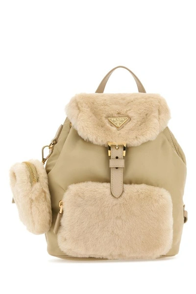 Prada Re-nylon And Shearling Backpack In Brown