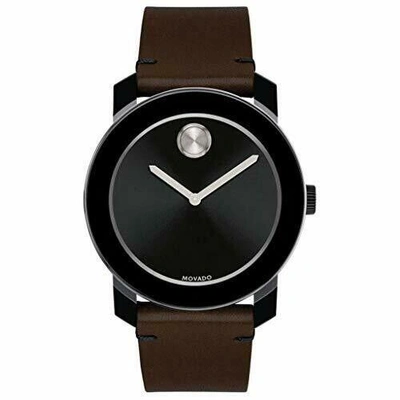 Pre-owned Movado $395  Men's Black 42mm Dial Genuine Brown Leather Band Swiss Watch 3600443