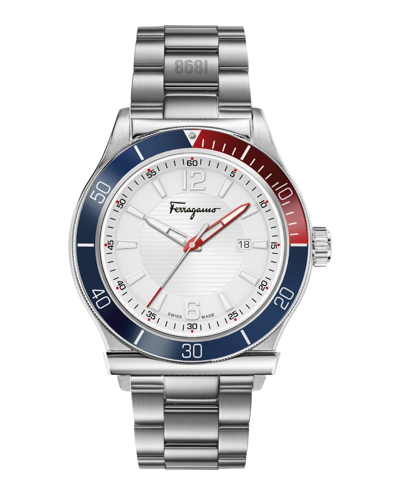 Pre-owned Ferragamo $1095 Salvatore  Men's Blue/red Bezel 43mm Swiss Made Watch Sfyk00520