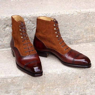 Pre-owned Handmade Men's  Brown Suede Burgundy Leather Toe Cap Dress Formal Boots Men. In Red