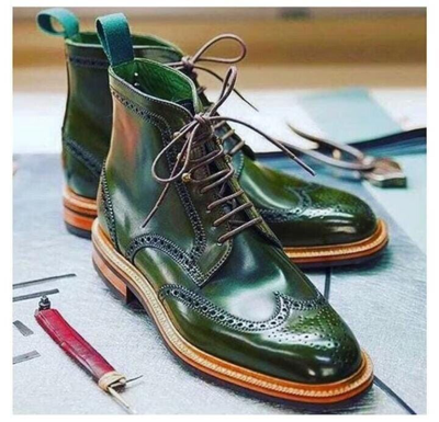 Pre-owned Handmade Mens  Leather Green Leather Boot, Ankle Boots Wingtip Derby Lace Up Boot