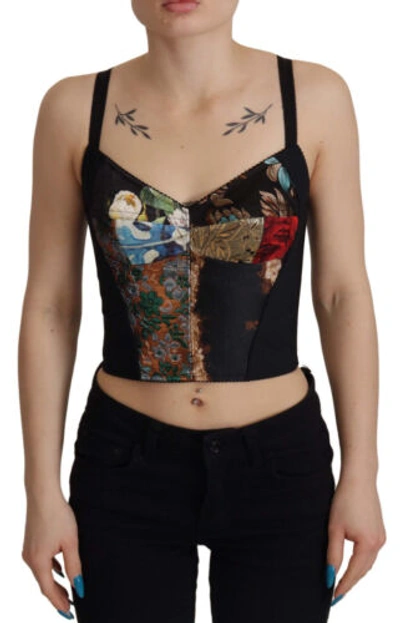 Pre-owned Dolce & Gabbana Dolce&gabbana Women Black Corset Top Polyamide Floral Stretch Zip Cropped Blouse