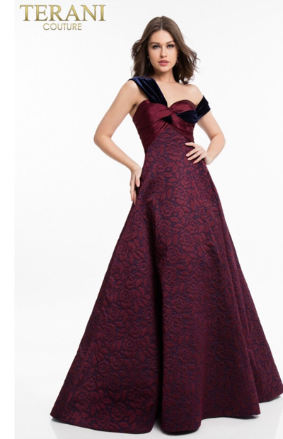 Pre-owned Terani Couture Mother Of The Bride 1821m7585 A-line Brocade Gown Msrp$898 In Wine Navy
