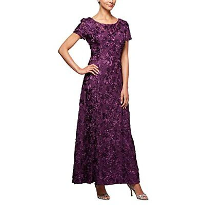 Pre-owned Alex Evenings Women's Long Rosette Lace Cap Sleeve Gown, Eggplant, 10p In Purple