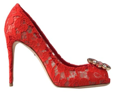 Pre-owned Dolce & Gabbana Dolce&gabbana Women Red Pumps Cotton Bend Floral Lace Peep Toe High Heel Shoes