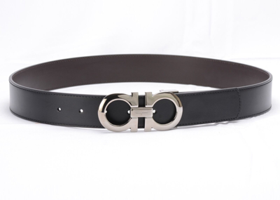 Pre-owned Ferragamo Salvatore  Gancini Reversible Belt 35mm Black/hickory Silver Buckle In Multicolor