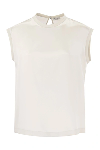 BRUNELLO CUCINELLI BRUNELLO CUCINELLI SILK T-SHIRT WITH MONILI DETAILS