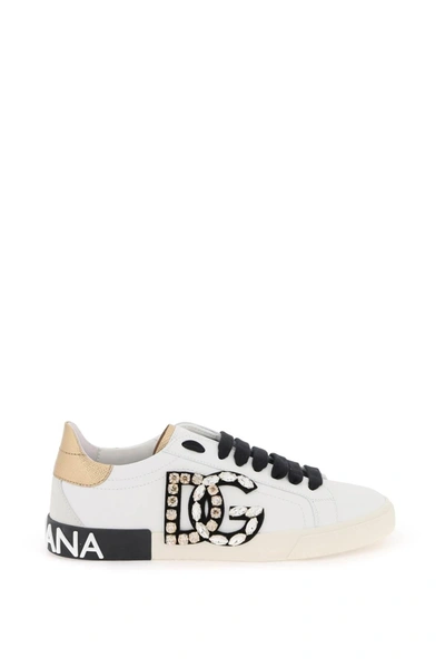 Dolce & Gabbana Portofino Vintage Leather Sneakers With Rhinestone Dg In Mixed Colours