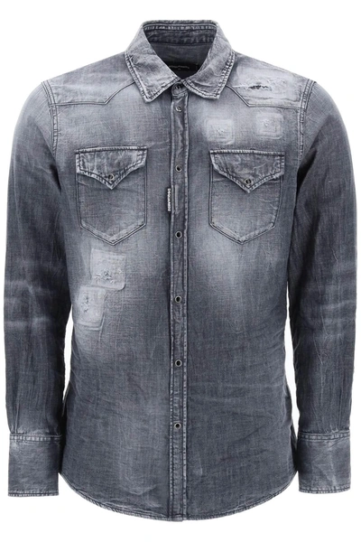 Dsquared2 Classic Western Distressed Denim Shirt In Grey