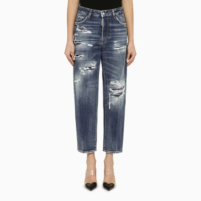 Dsquared2 Navy Blue Washed Jeans With Wear In Denim Azzurro