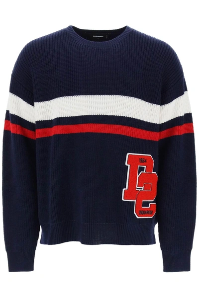 Dsquared2 Wool Ribbed Varsity Sweater In Blue
