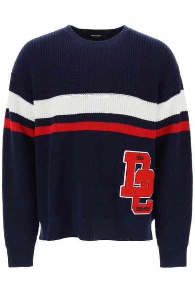 Dsquared2 Wool Crew-neck Sweater With Logoed Patch In Blue