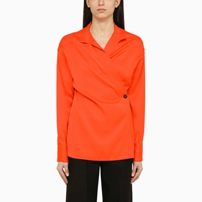 Ferragamo One-button Long-sleeve Collared Wrap Shirt In Orange