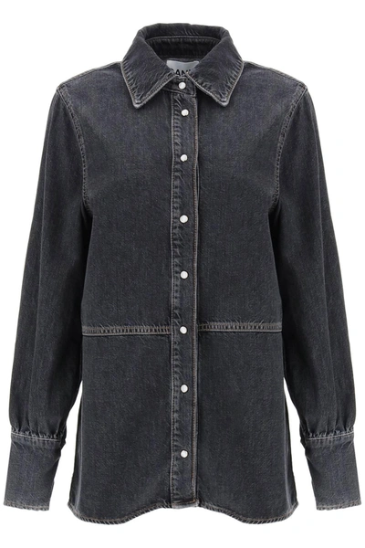 Ganni Rhinestone Denim Shirt In Black