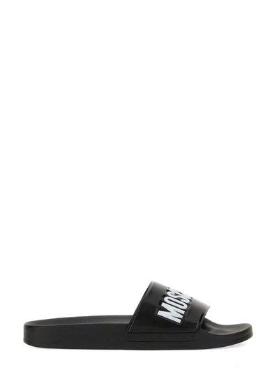 Moschino Men's Logo-embossed Rubber Slide Sandals In Black