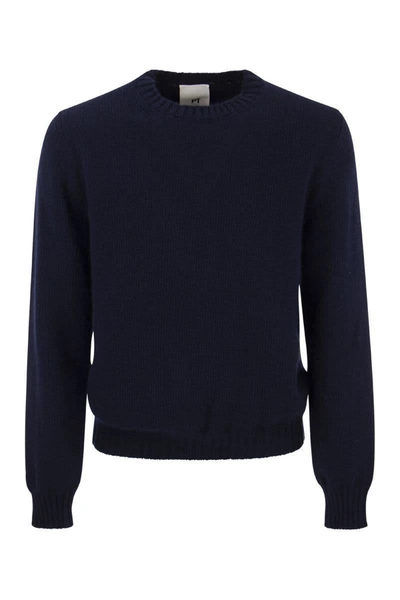 Pt Torino Crew-neck Pullover In Wool And Angora Blend In Blue