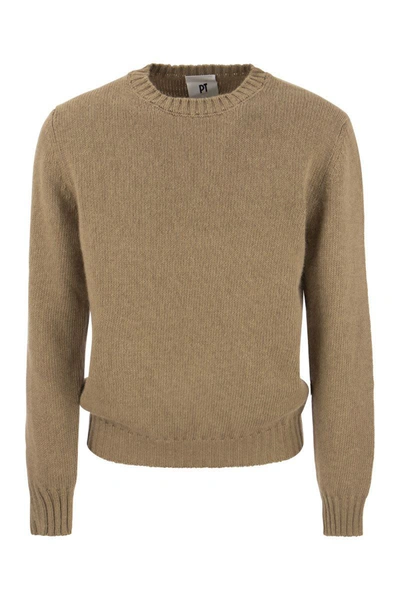 Pt Torino Crew-neck Pullover In Wool And Angora Blend In Camel