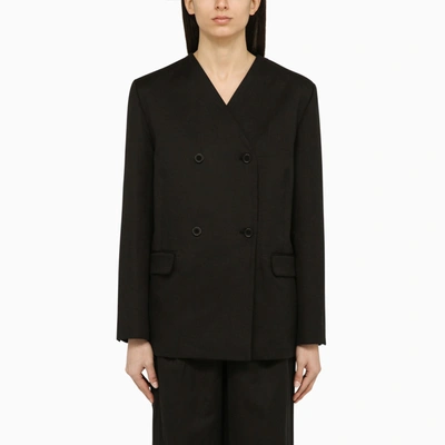 Loulou Studio Double-breasted Collarless Jacket In Linen-blend In Black