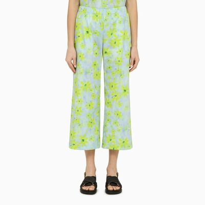 Marni Aquamarine Floral Cotton Cropped Trousers For Women In Blue