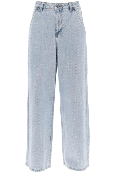 Self-portrait Self Portrait Rhinestone-studded Wide Leg Jeans In Light Blue