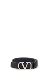 Valentino Garavani V Logo Buckle Leather Belt In Black Silver