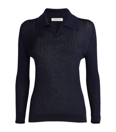 Johnstons Of Elgin Merino Wool Ribbed Polo Sweater In Navy