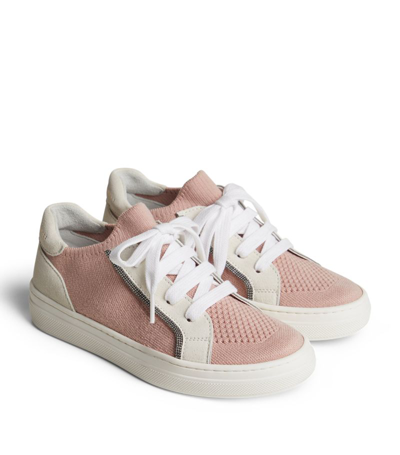 Brunello Cucinelli Kids' Knitted Cotton And Suede Trainer In Pink