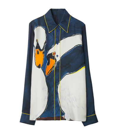 Burberry Swan-print Long-sleeve Silk Shirt In Blue