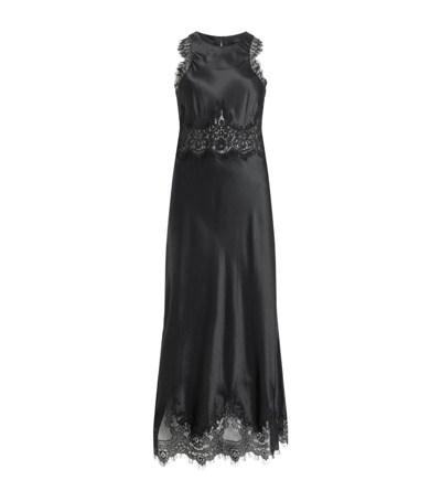 Allsaints Alula Silk Blend Lace Trim Maxi Dress In Black