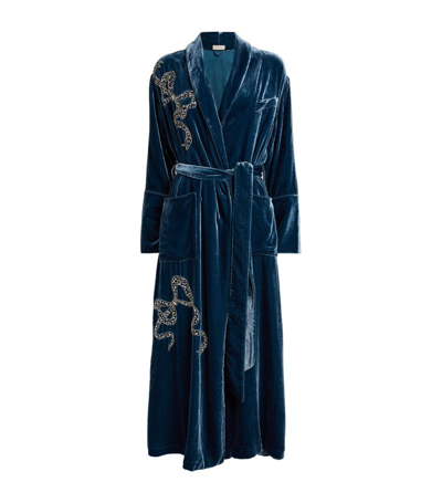 Olivia Von Halle Velvet-silk Embellished Capability Dressing Gown In Blue
