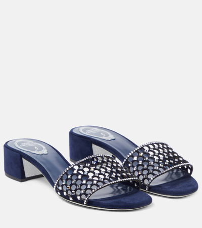 René Caovilla Cutout Crystal-embellished Suede Mules In Blue