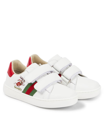 Gucci Kids' Web-stripe Leather Sneakers In White