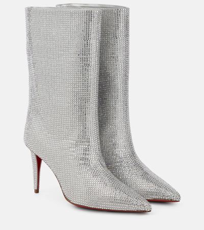 Christian Louboutin Astrilarge Strass Red Sole Stiletto Booties In Silvercrystal