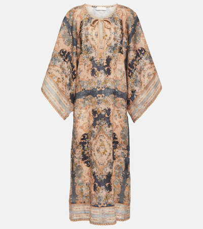 Zimmermann Linen August Kaftan Midi Dress In Blue,multi | ModeSens