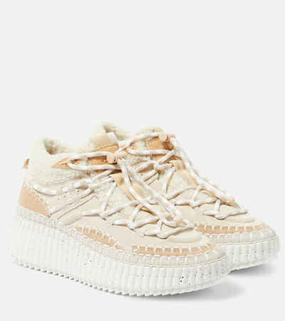 Chloé Nama Suede Shearling Sneaker Booties In Pearl Beige
