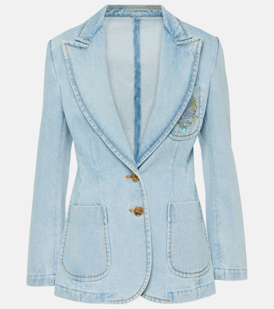 Etro Embroidered Denim Blazer In Blau