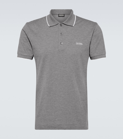 Zegna Embroidered-logo Cotton Polo Shirt In Grey