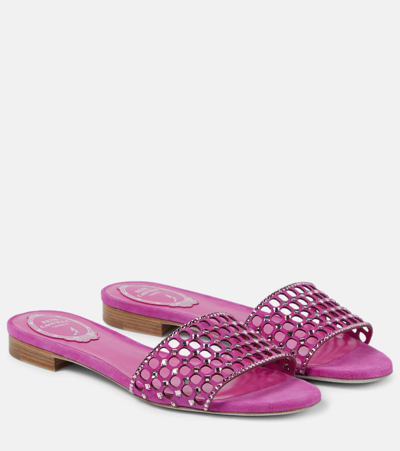René Caovilla Embellished Suede Slides In Fuxia Suede/light Rose Strass