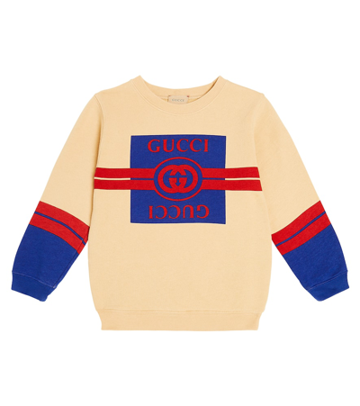 Gucci Kids' Logo印花棉质针织运动衫 In Sweet Cream/avio/mc