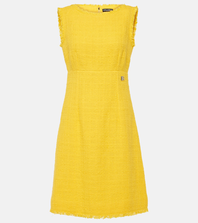 Dolce & Gabbana Logo Cotton-blend Tweed Midi Dress In Yellow