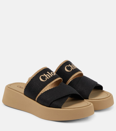 Chloé Mila Linen Logo Slide Sandals In Beige  Black 1